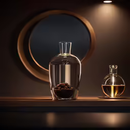 glass and gold bottles on table with circular light