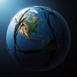the globe is shown with blue sky and sunlight