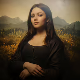 a woman is standing near mountains with flowers