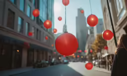 a street filled with lots of red balloons hanging from the ceiling