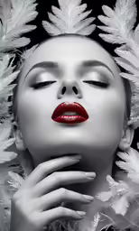 a woman with red lipstick wearing feathers on her head