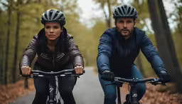 a man and a woman riding bicycles through a tree - lined park