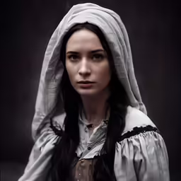 a woman wearing a white shirt and a gray bonnet