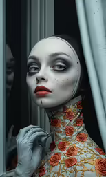 a mannequin with the eye shadow showing a blood mark is painted white and orange