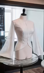 a mannequin wearing a white suit and veiled jacket