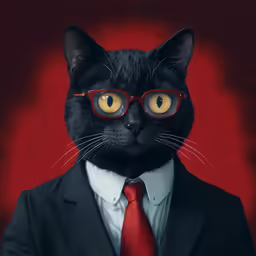 black cat with red glasses wearing a suit and tie