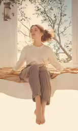 woman sitting in front of a window looking up