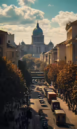 a city street with buses and people walking in the distance