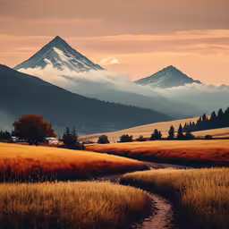 a dirt road leading to a small mountain stream,there is a field with many trees and mountains in the background