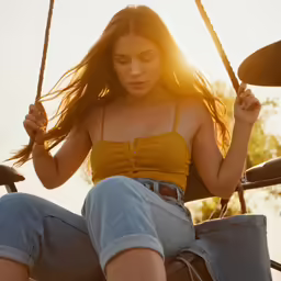 a girl in an orange shirt is swinging on a swing