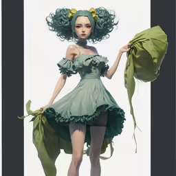 a girl in a green dress with big flowers on her head