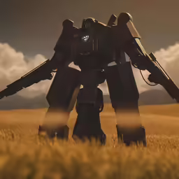 a giant robot is standing in a field