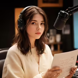 a woman in headphones and a white dress is reading music on her laptop