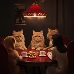 a group of cats sitting at a table with people looking on