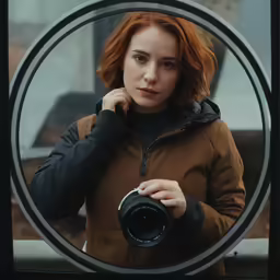a woman holding a camera takes a picture in the mirror