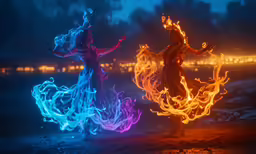 two woman are holding fire with their arms