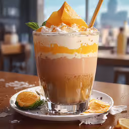 dessert is garnished with orange slices and whipped cream,two glasses of drinks on top of a table