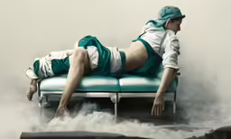 a lady is laying down on a sofa covered in foam