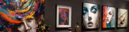 an exhibition display with a large number of paintings