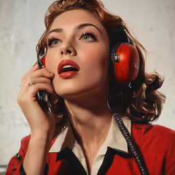 a woman holding a red telephone while looking off into the distance