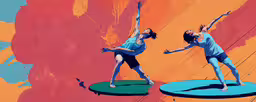 two people on surfboards in the air,two people on surfboards in a painting with bright colors