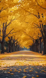 yellow trees lining a road in the fall