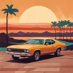 a drawing of an old yellow muscle car in front of palm trees,a yellow mustang mustang on the parking lot with palm trees in the background