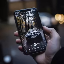 a hand holding a cell phone in front of trees