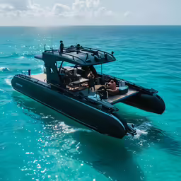 two boats floating side by side in the ocean