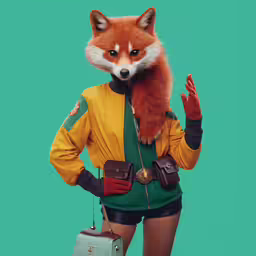 an orange fox with gloves on standing in front of a green background