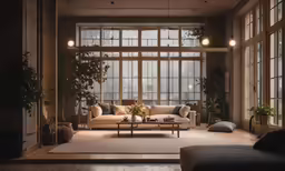 a living room is shown in dim lighting