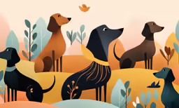 a colorful painting of many dogs sitting in the wild