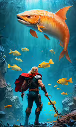a man with a sword and cloak is near fish,he is looking up at a big fish that is swimming