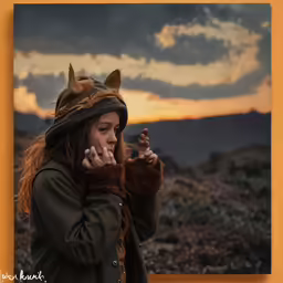 the woman with the cat hat is smoking a cigarette