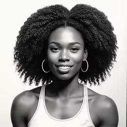 black and white photo of a woman with a short afro hairstyle