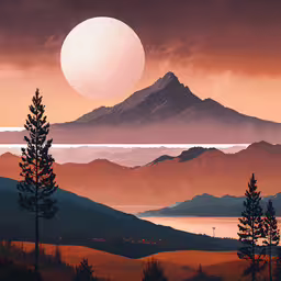 trees and mountains stand beneath a sunset,painting with a mountain range and lake in the foreground
