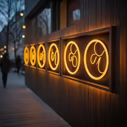 three glowing signs that include different words on them