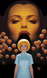 an orange - faced woman surrounded by trees in a black and yellow painting