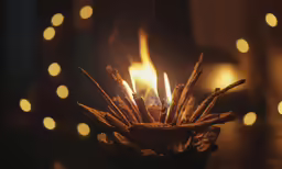 there is a lit candle that has small pieces of wood in front of it