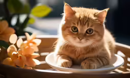 an orange cat with blue eyes is sitting in a basket