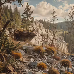 rocky area with trees and bushes near by
