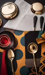 a couple of gold and red plates on a table