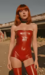there is a woman in red latex outside