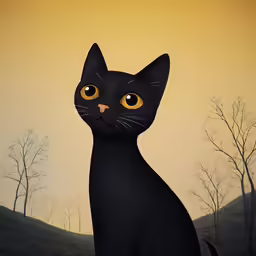painting of black cat with yellow eyes and brown mane sitting outside