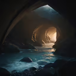 dark cave with ocean rushing into light between it