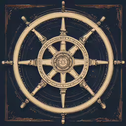 the wheel of the ship, showing various controls,a drawing of a ship steering wheel, with two spokes and two valves