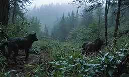 two black cats in the forest looking up