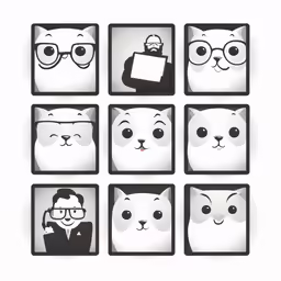 several stickers of cats and men with glasses on