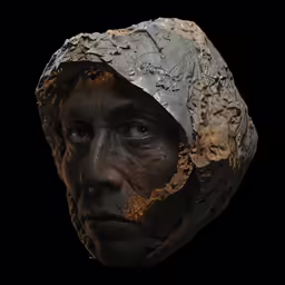 this is a picture of a head with silver and orange paint on it