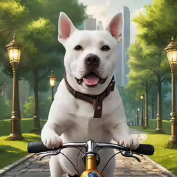 a bulldog dog on top of a bike